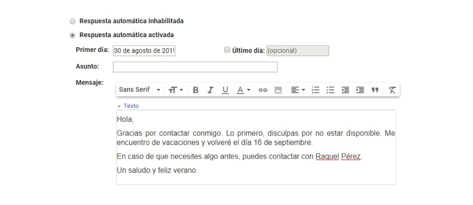Imagen de una respuesta automática en Gmail para Empresas